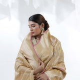 Pale Gold Banarasi Silk Saree With Floral Design