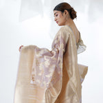 English Violet Jamdani Banarasi Silk Saree With Floral Design