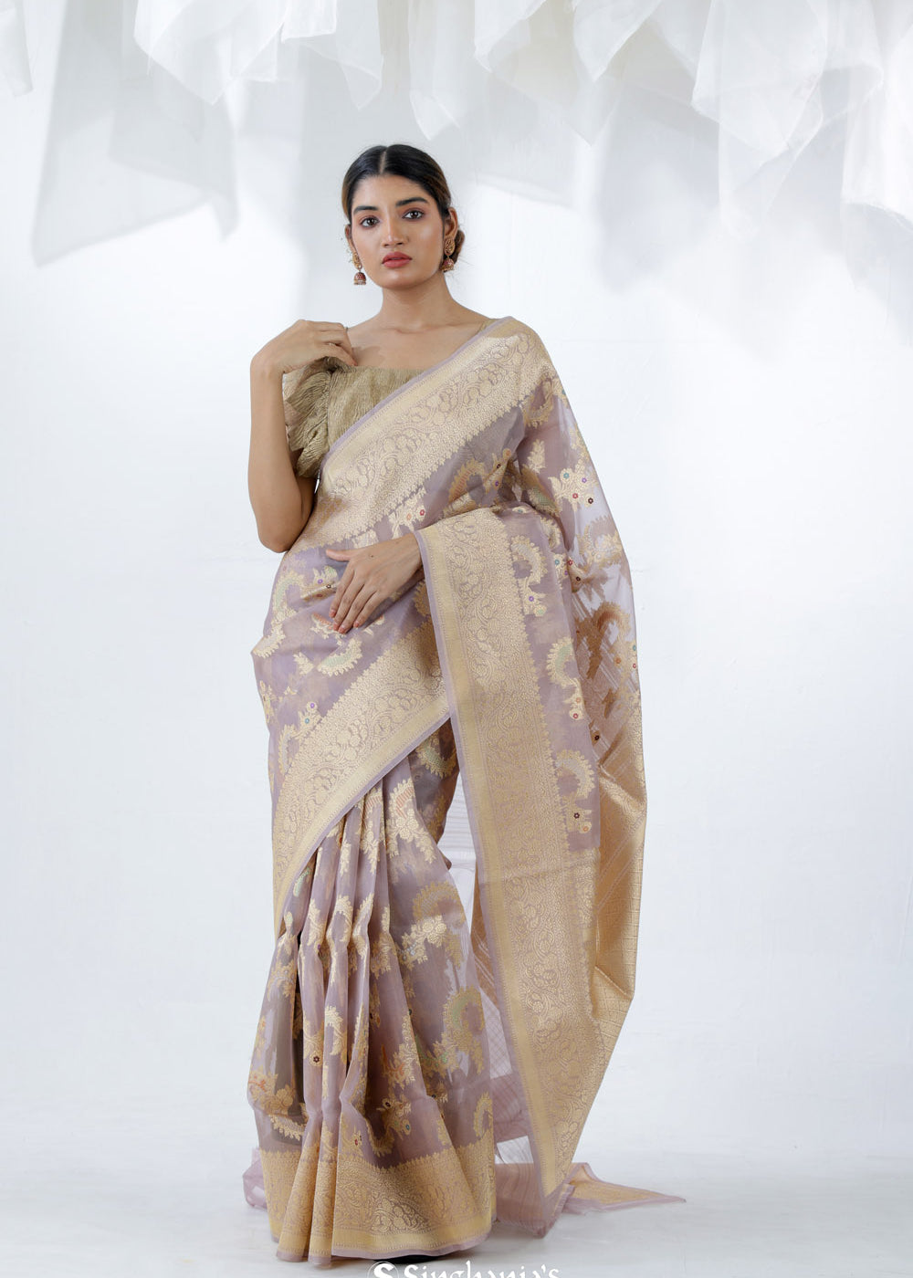 English Violet Jamdani Banarasi Silk Saree With Floral Design