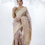 English Violet Jamdani Banarasi Silk Saree With Floral Design