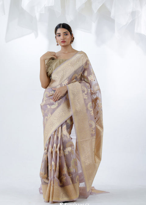 <img> English Violet Jamdani Banarasi Silk Saree With Floral Design