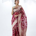 Pale Purple Jamdani Banarasi Silk Saree With Floral Design