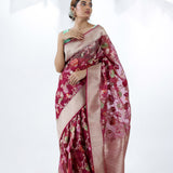 Pale Purple Jamdani Banarasi Silk Saree With Floral Design