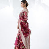 Pale Purple Jamdani Banarasi Silk Saree With Floral Design