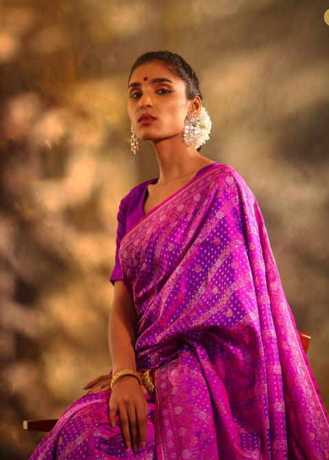<img> Phlox Purple Banarasi Silk Saree With Zari Weave