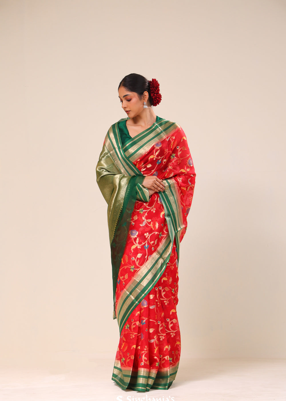 Bright Red Kota Banarasi Silk Saree