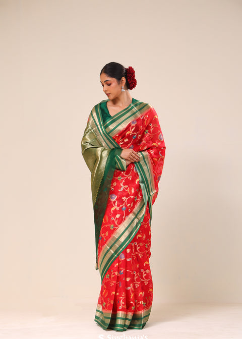 <img> Bright Red Kota Banarasi Silk Saree