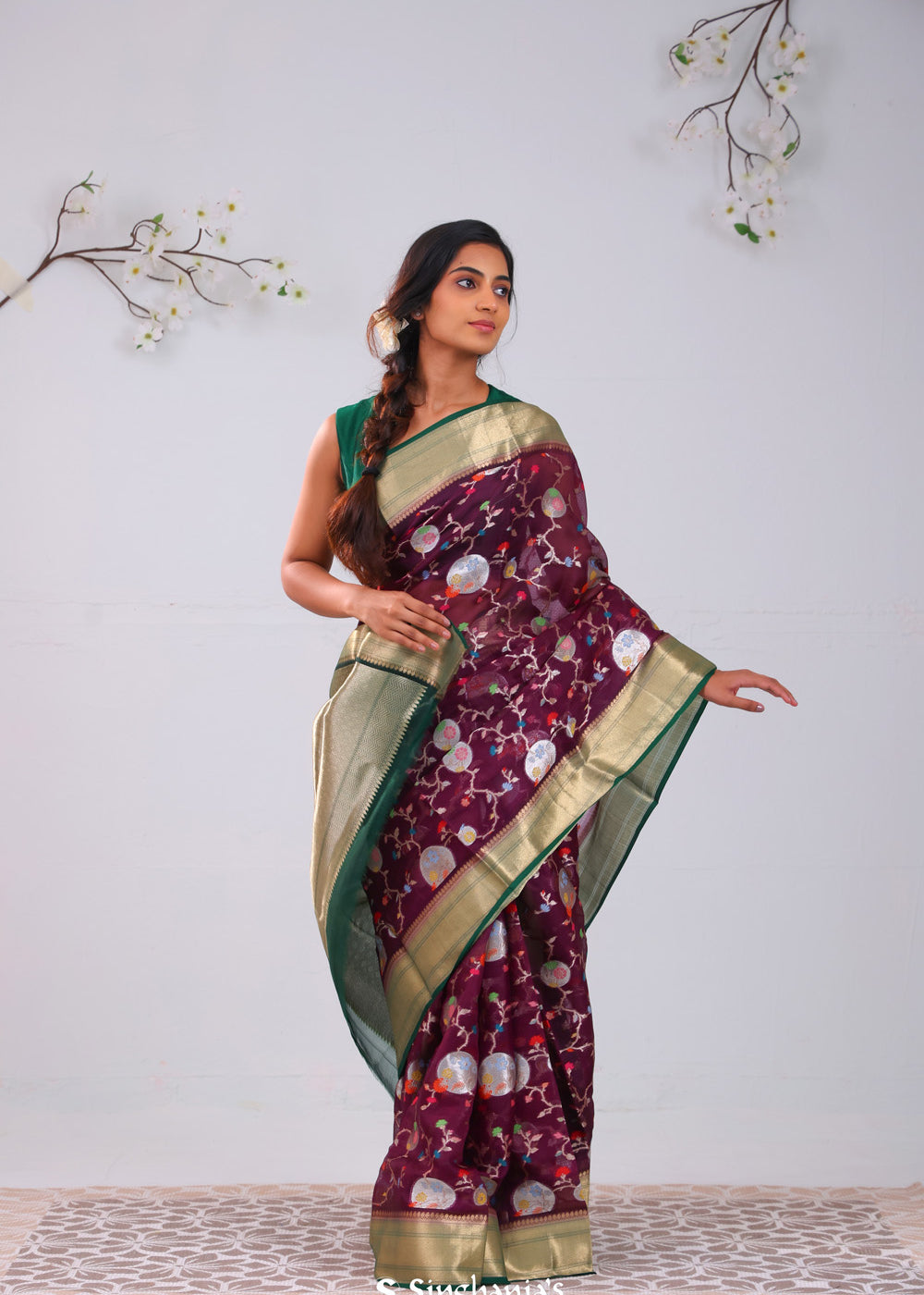Byzantium Purple Banrasi Kota Silk Saree With Floral Patterns