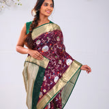 Byzantium Purple Banrasi Kota Silk Saree With Floral Patterns