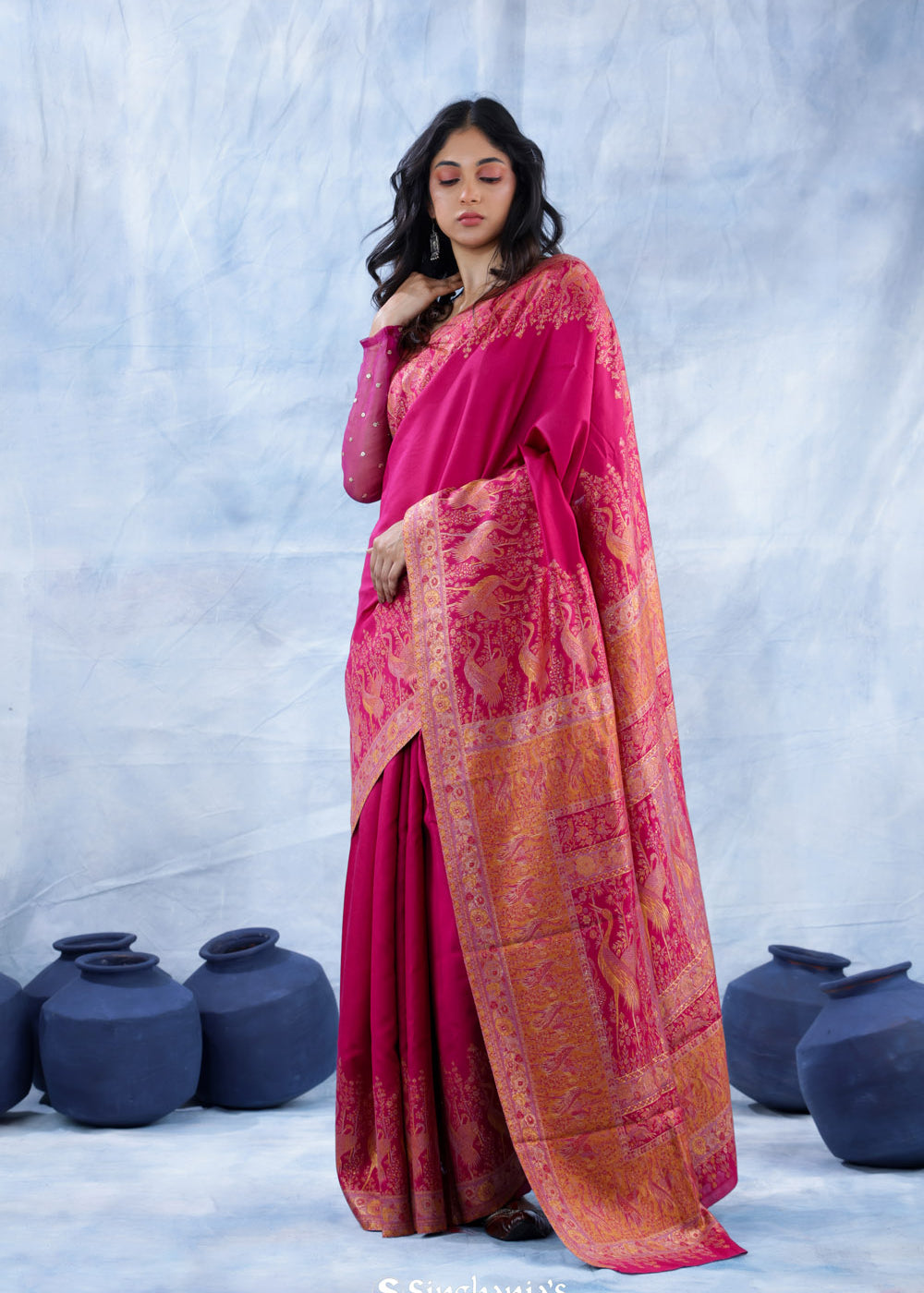Steel Pink Kani Handloom Saree With Floral Motifs