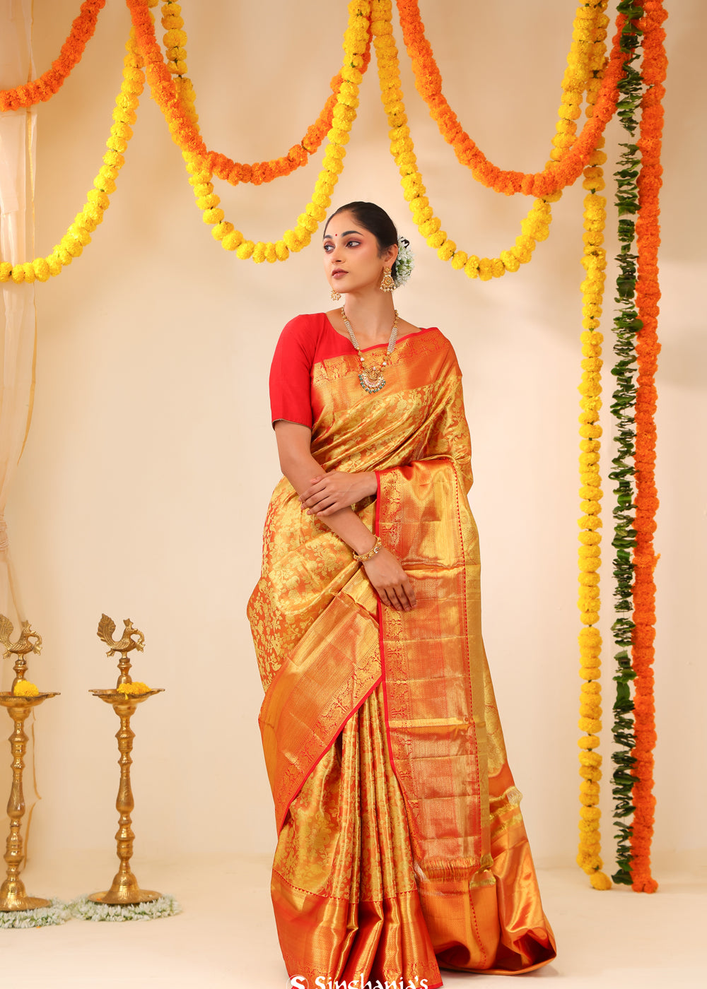 Orange Gold Tissue Kanjivaram Saree With Jaal Weaving