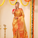 Orange Gold Tissue Kanjivaram Saree With Jaal Weaving
