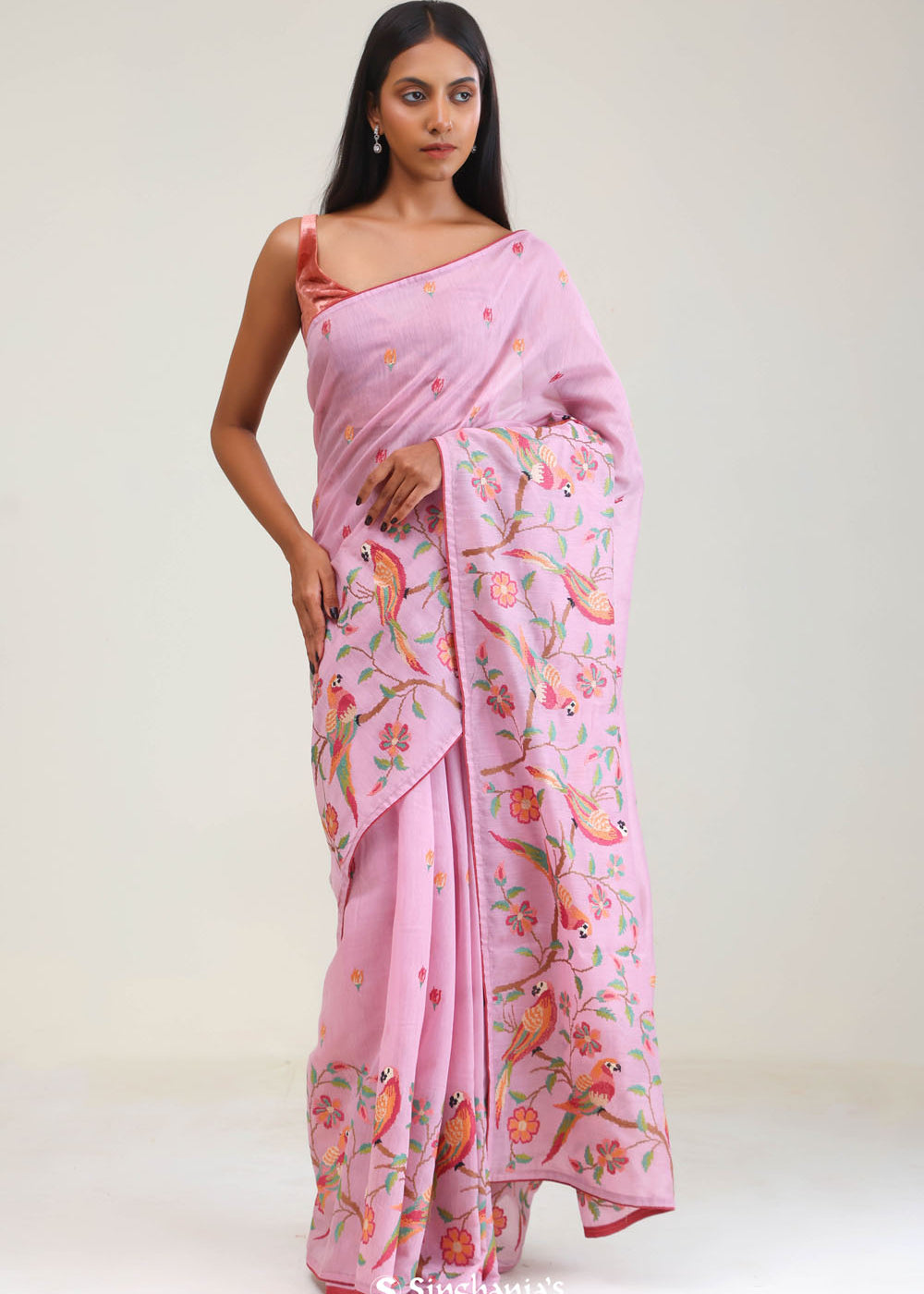 Lavender Pink Crafted Jaal Tussar Saree With Embroidery Detail