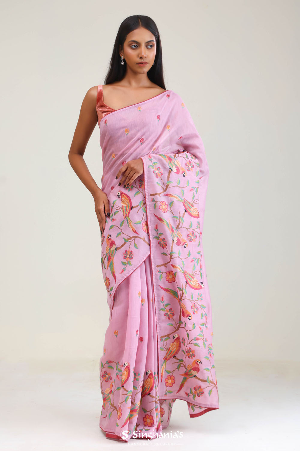 Lavender Pink Crafted Jaal Tussar Saree With Embroidery Detail