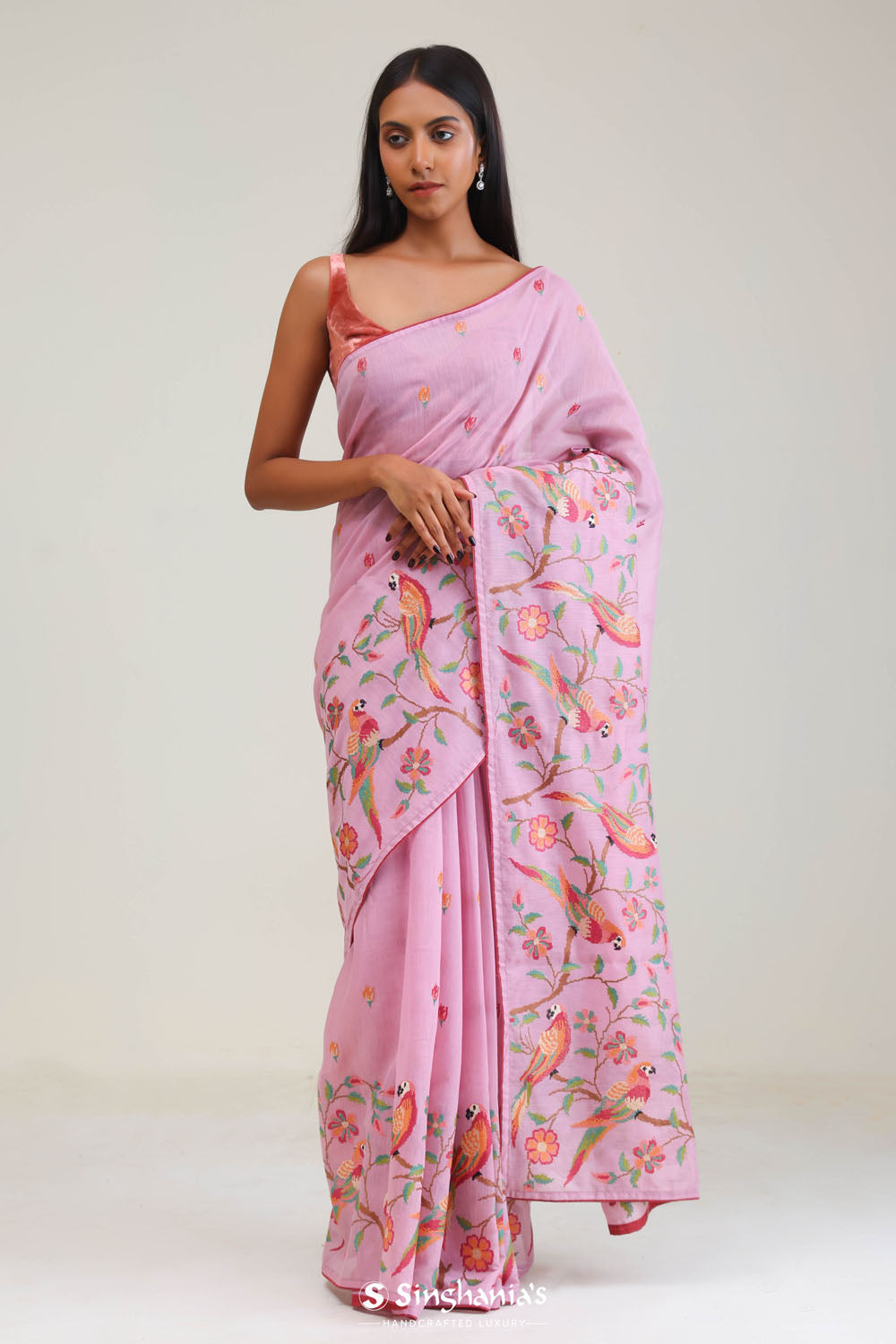 Lavender Pink Crafted Jaal Tussar Saree With Embroidery Detail