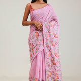 Lavender Pink Crafted Jaal Tussar Saree With Embroidery Detail