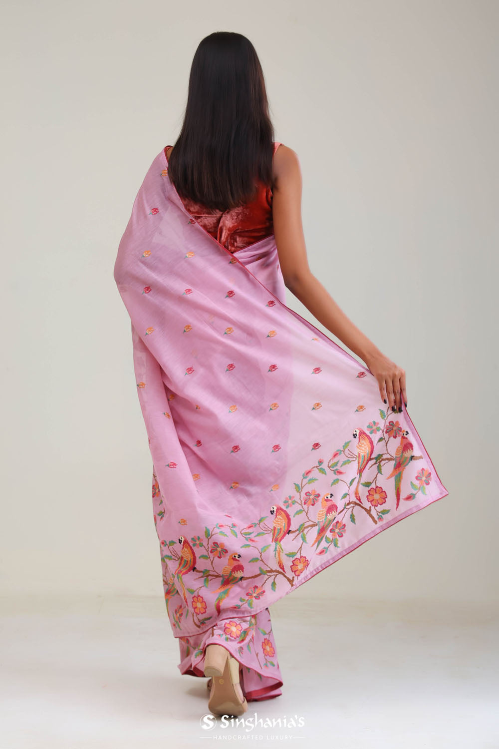 Lavender Pink Crafted Jaal Tussar Saree With Embroidery Detail