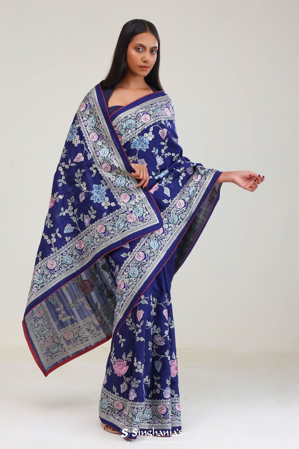 Navy Blue Crafted Jaal Tussar Saree