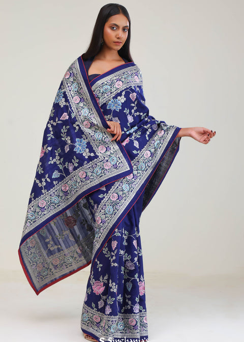 <img> Navy Blue Crafted Jaal Tussar Saree