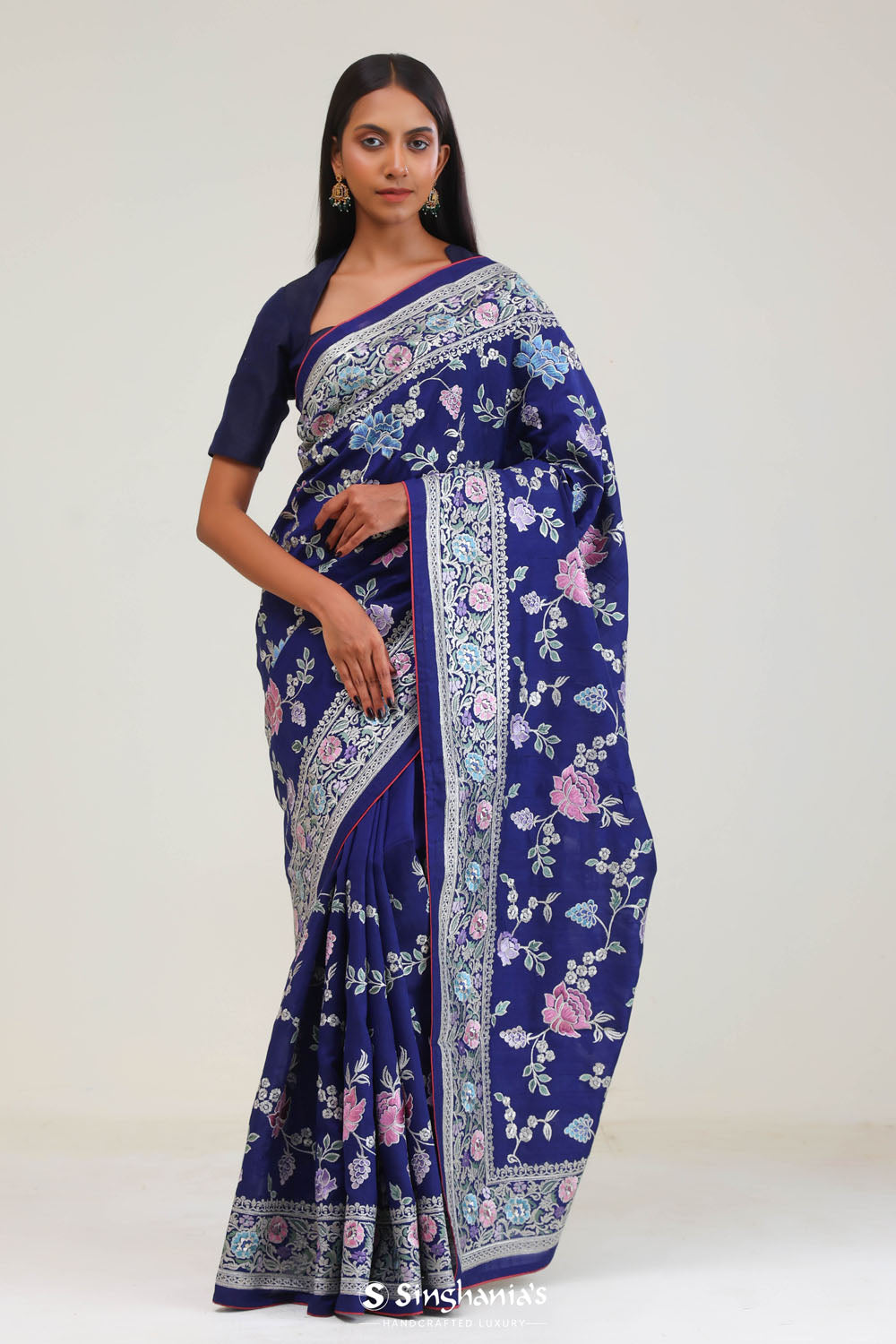 Navy Blue Crafted Jaal Tussar Saree