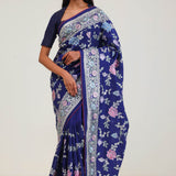 Navy Blue Crafted Jaal Tussar Saree