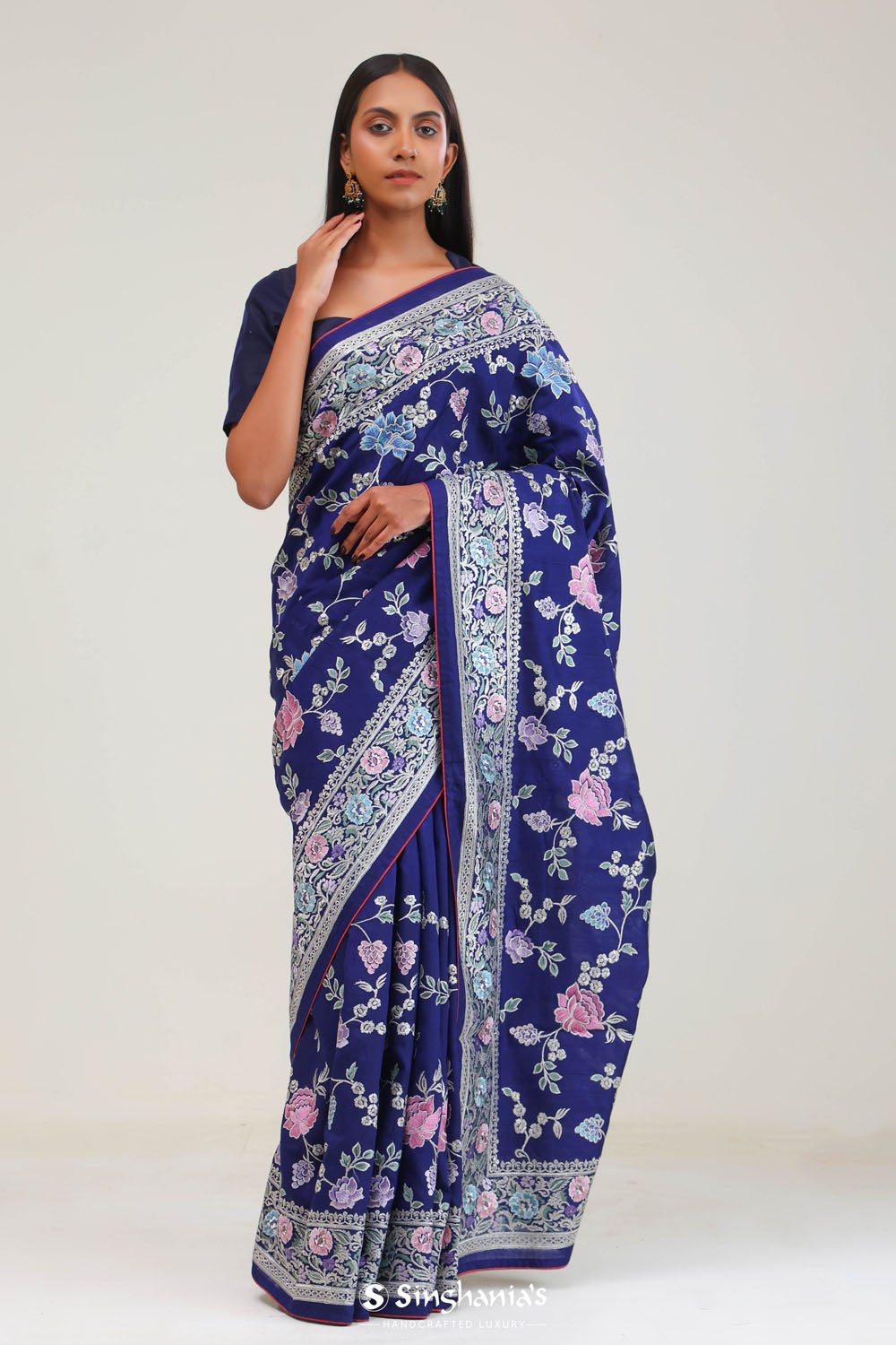 Navy Blue Crafted Jaal Tussar Saree