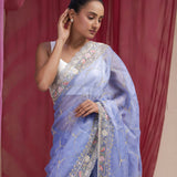 Pastel Blue Tissue Designer Saree With Hand Embroidery