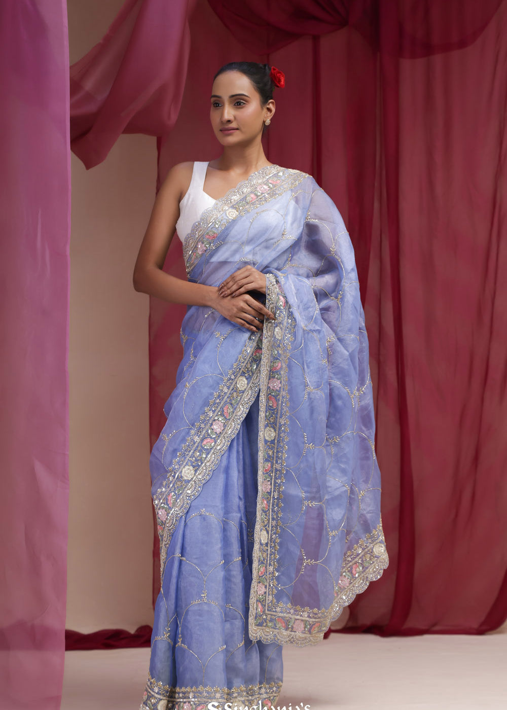 Pastel Blue Tissue Designer Saree With Hand Embroidery
