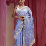 Pastel Blue Tissue Designer Saree With Hand Embroidery