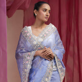 Pastel Blue Tissue Designer Saree With Hand Embroidery