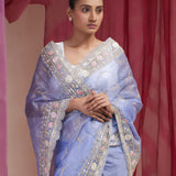 Pastel Blue Tissue Designer Saree With Hand Embroidery