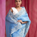 Carolina Blue Organza Designer Saree With Floral Embroidery