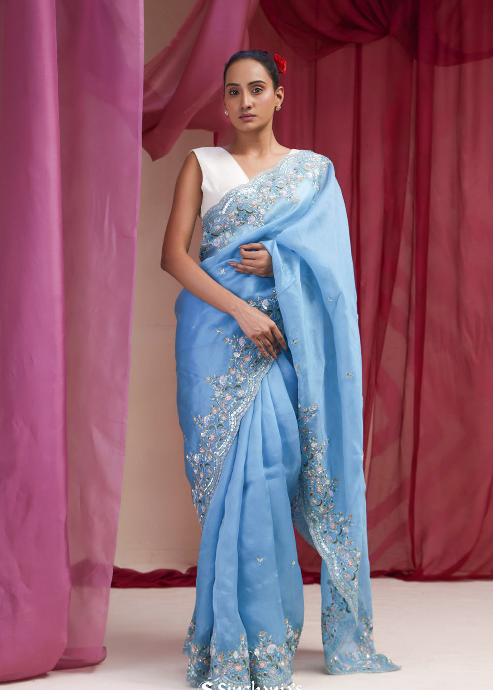 Carolina Blue Organza Designer Saree With Floral Embroidery