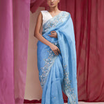 Carolina Blue Organza Designer Saree With Floral Embroidery