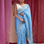 Carolina Blue Organza Designer Saree With Floral Embroidery