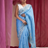 Carolina Blue Organza Designer Saree With Floral Embroidery