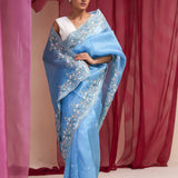 Carolina Blue Organza Designer Saree With Floral Embroidery