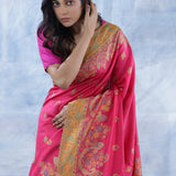 Rubine Pink Kani Handloom Saree With Floral Motifs