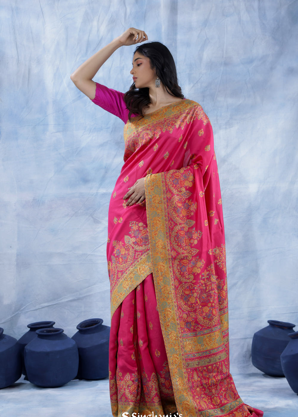 Rubine Pink Kani Handloom Saree With Floral Motifs