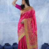 Rubine Pink Kani Handloom Saree With Floral Motifs