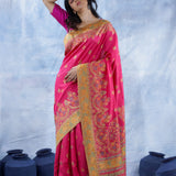 Rubine Pink Kani Handloom Saree With Floral Motifs