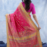 Rubine Pink Kani Handloom Saree With Floral Motifs