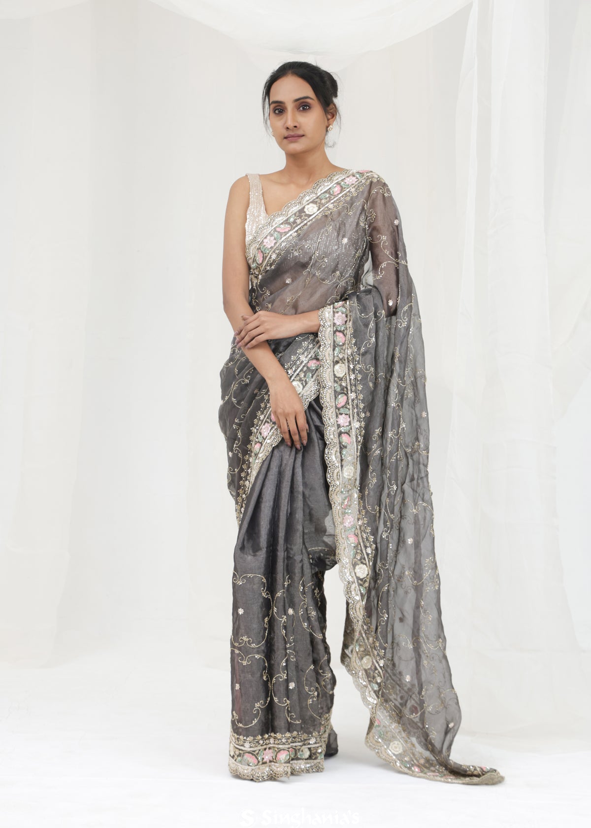 Abbey Black Tissue Saree With Hand Embroidery