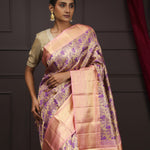 Golden Pink Tissue Kanjivaram Silk Saree With Floral Peacock Design
