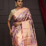 Golden Pink Tissue Kanjivaram Silk Saree With Floral Peacock Design