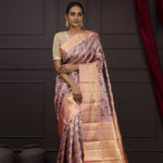 Golden Pink Tissue Kanjivaram Silk Saree With Floral Peacock Design