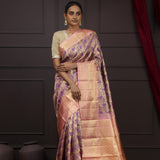 Golden Pink Tissue Kanjivaram Silk Saree With Floral Peacock Design