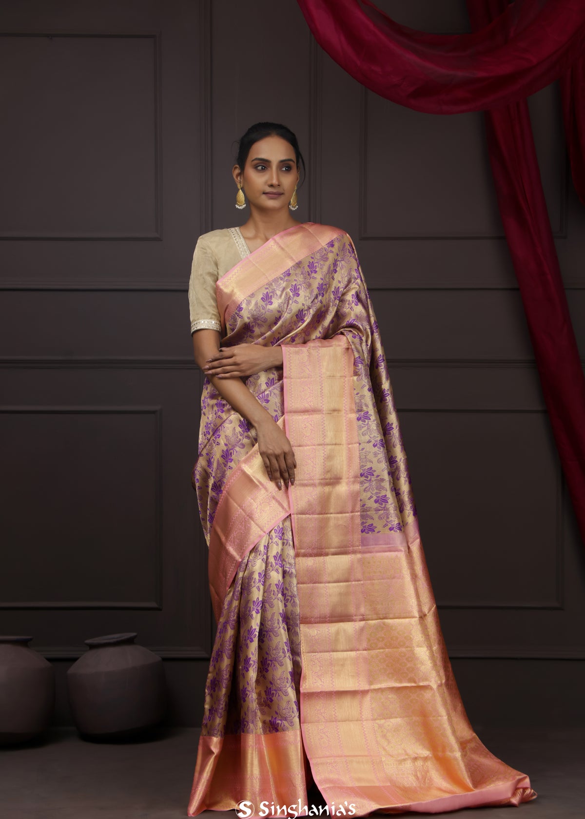 Golden Pink Tissue Kanjivaram Silk Saree With Floral Peacock Design