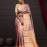 Golden Pink Tissue Kanjivaram Silk Saree With Floral Peacock Design