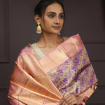 Golden Pink Tissue Kanjivaram Silk Saree With Floral Peacock Design